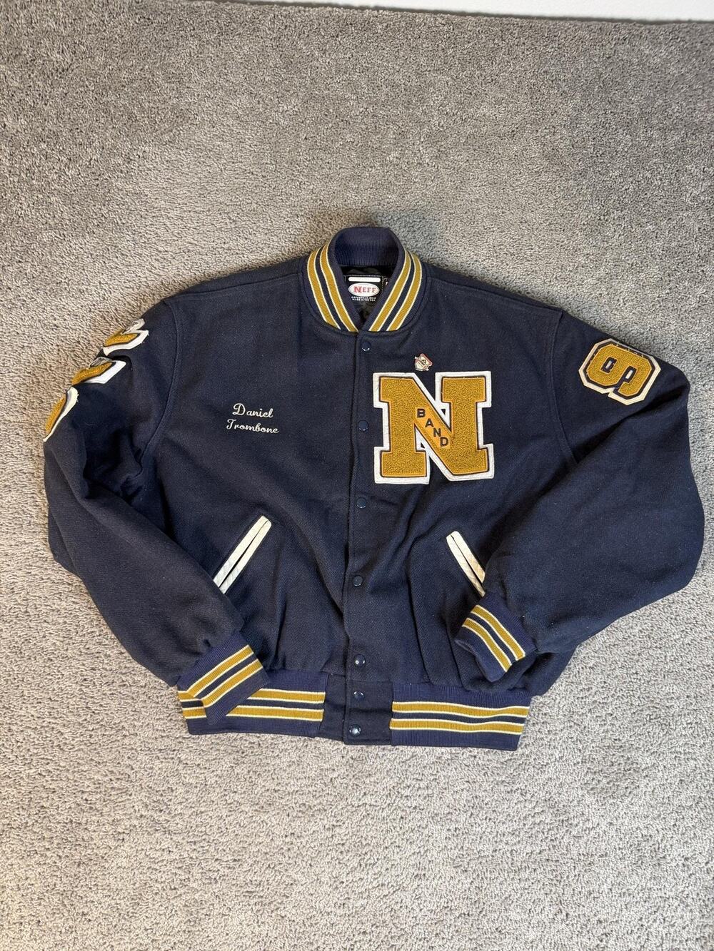 Vintage NEFF Varsity Jacket Mens 2XL Navy Blue Letterman Lined Collared Snap
